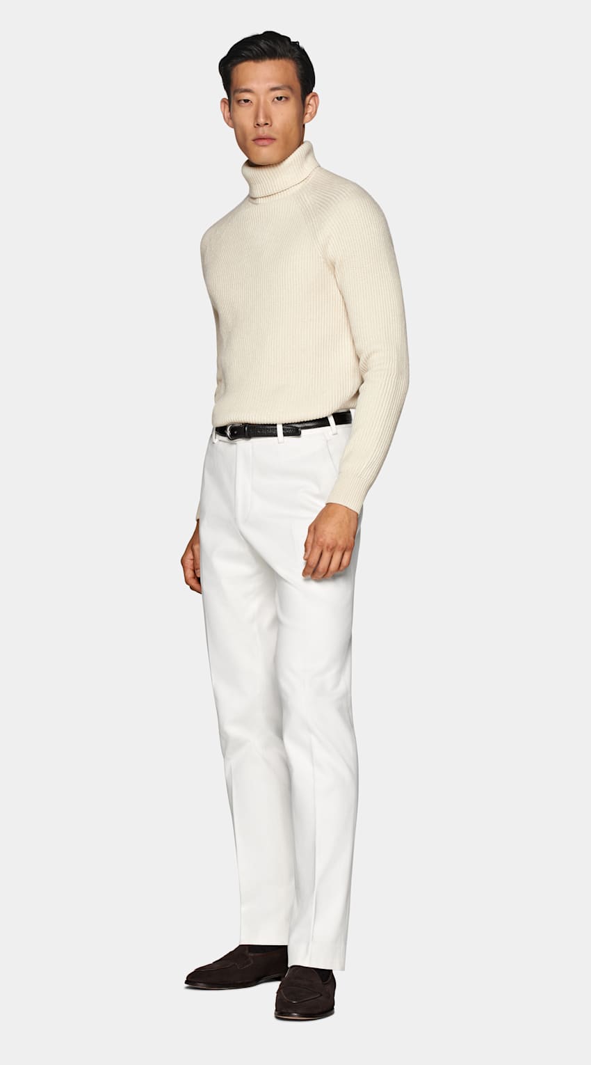 SUITSUPPLY Merino Wool & Mongolian Cashmere Off-White Ribbed Turtleneck