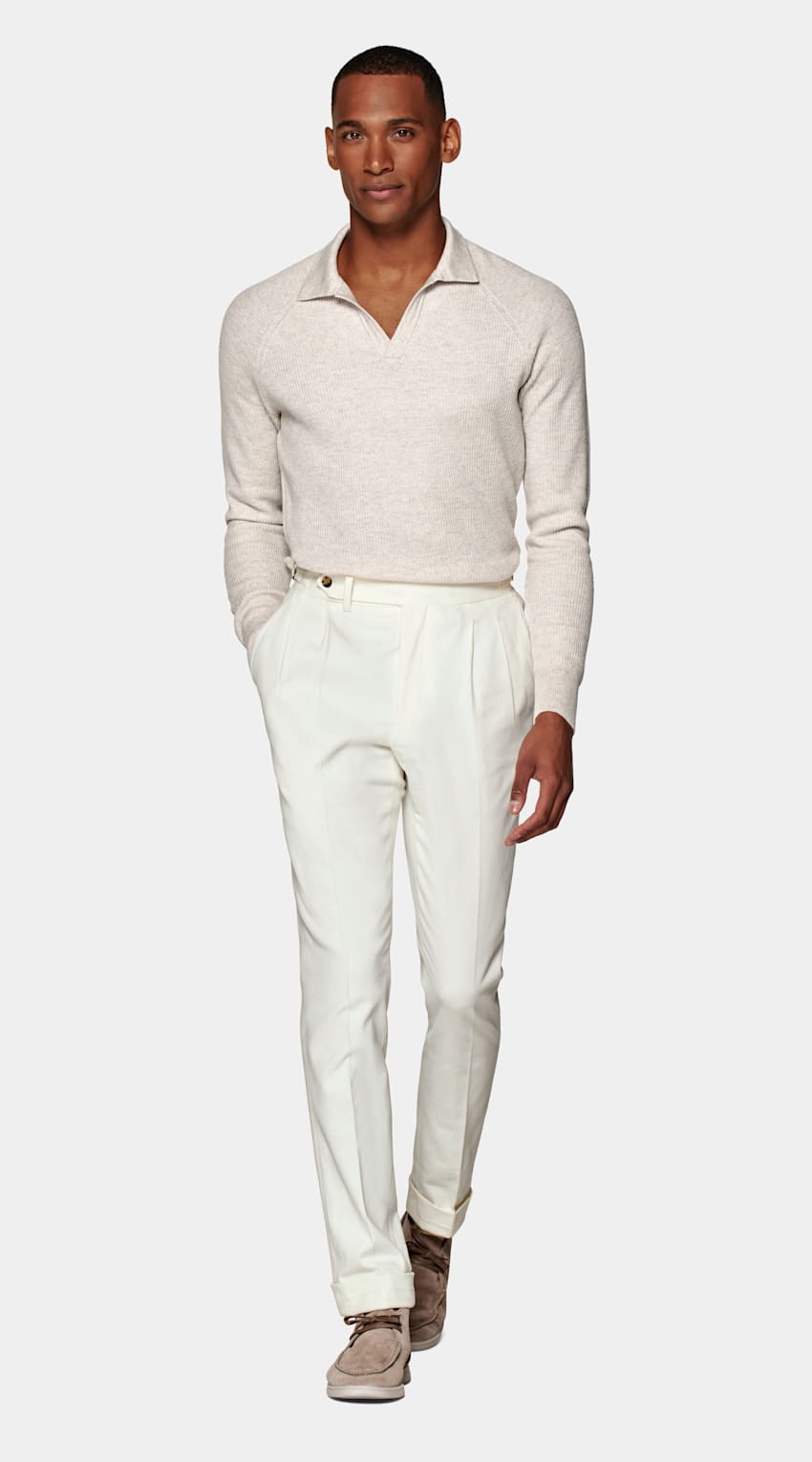 Light Brown Long Sleeve Buttonless Polo Shirt | Wool Cashmere ...