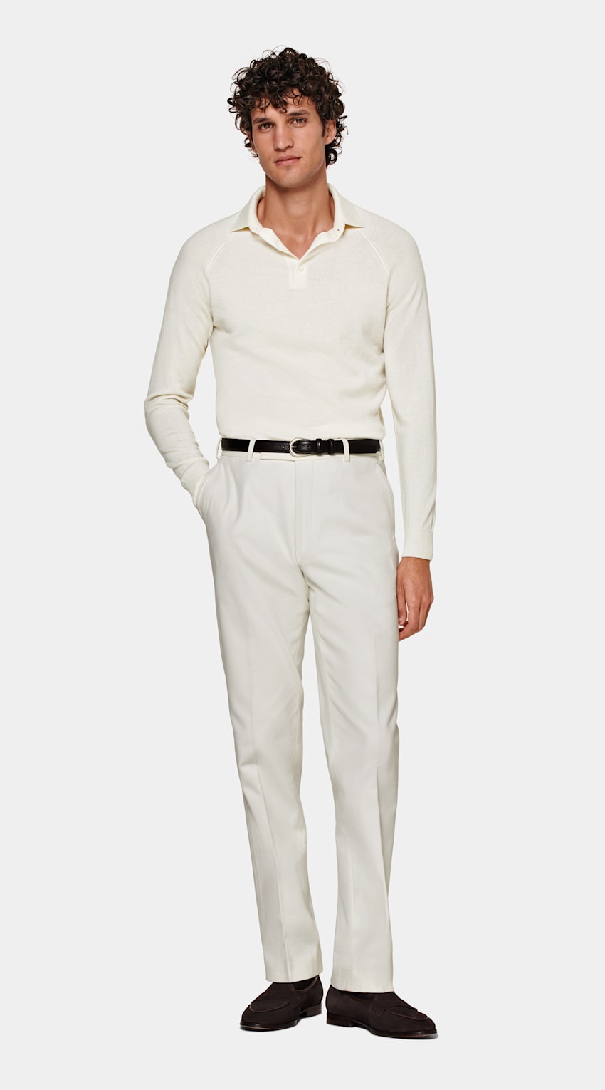 SUITSUPPLY Australian Wool & Mongolian Cashmere Off-White Long Sleeve Polo Shirt