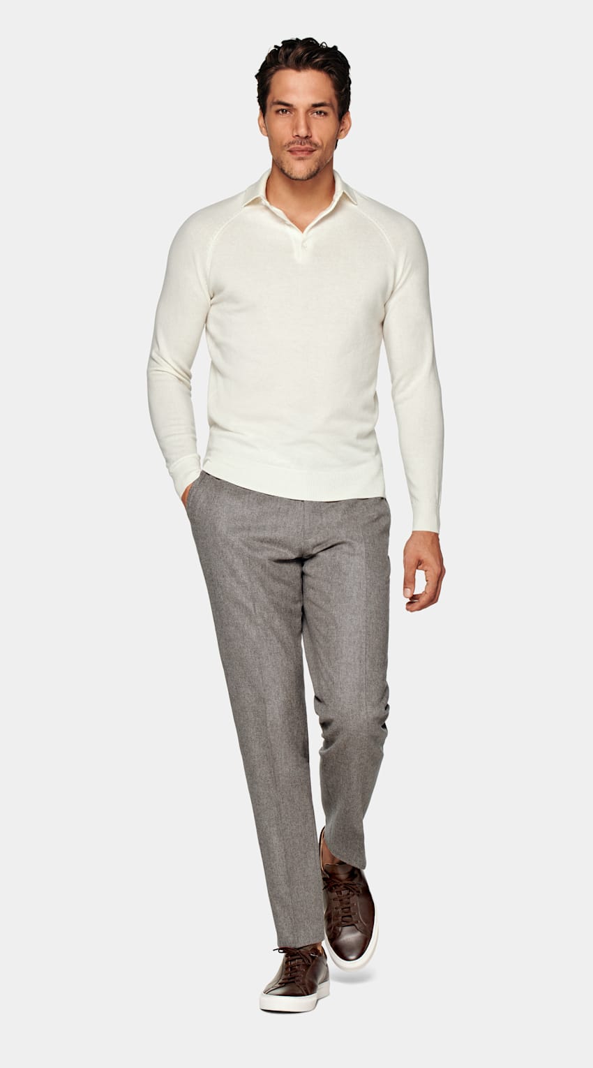 SUITSUPPLY Merino Wool & Mongolian Cashmere Off-White Long Sleeve Polo Shirt