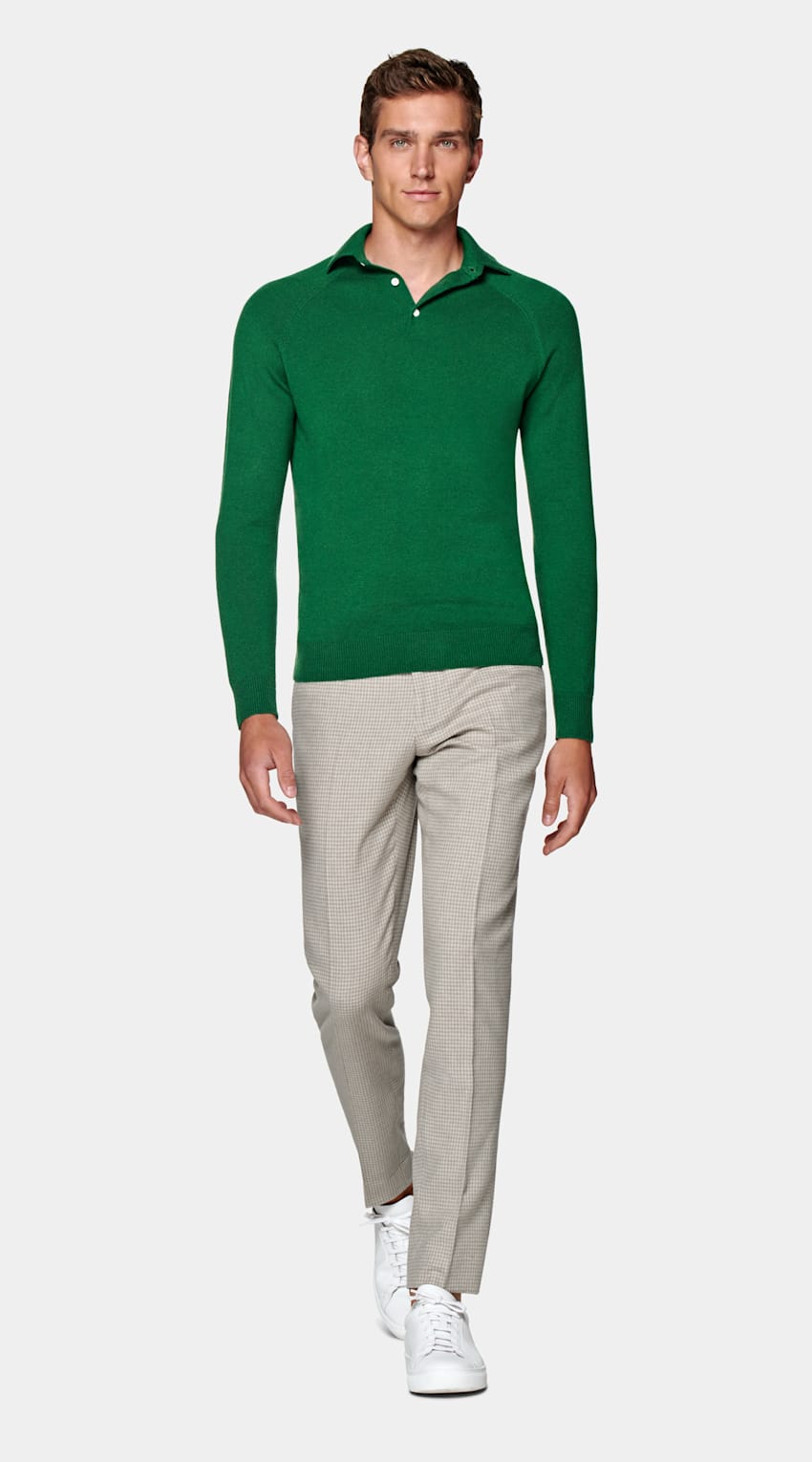 SUITSUPPLY Merino Wool & Mongolian Cashmere Green Long Sleeve Polo Shirt 