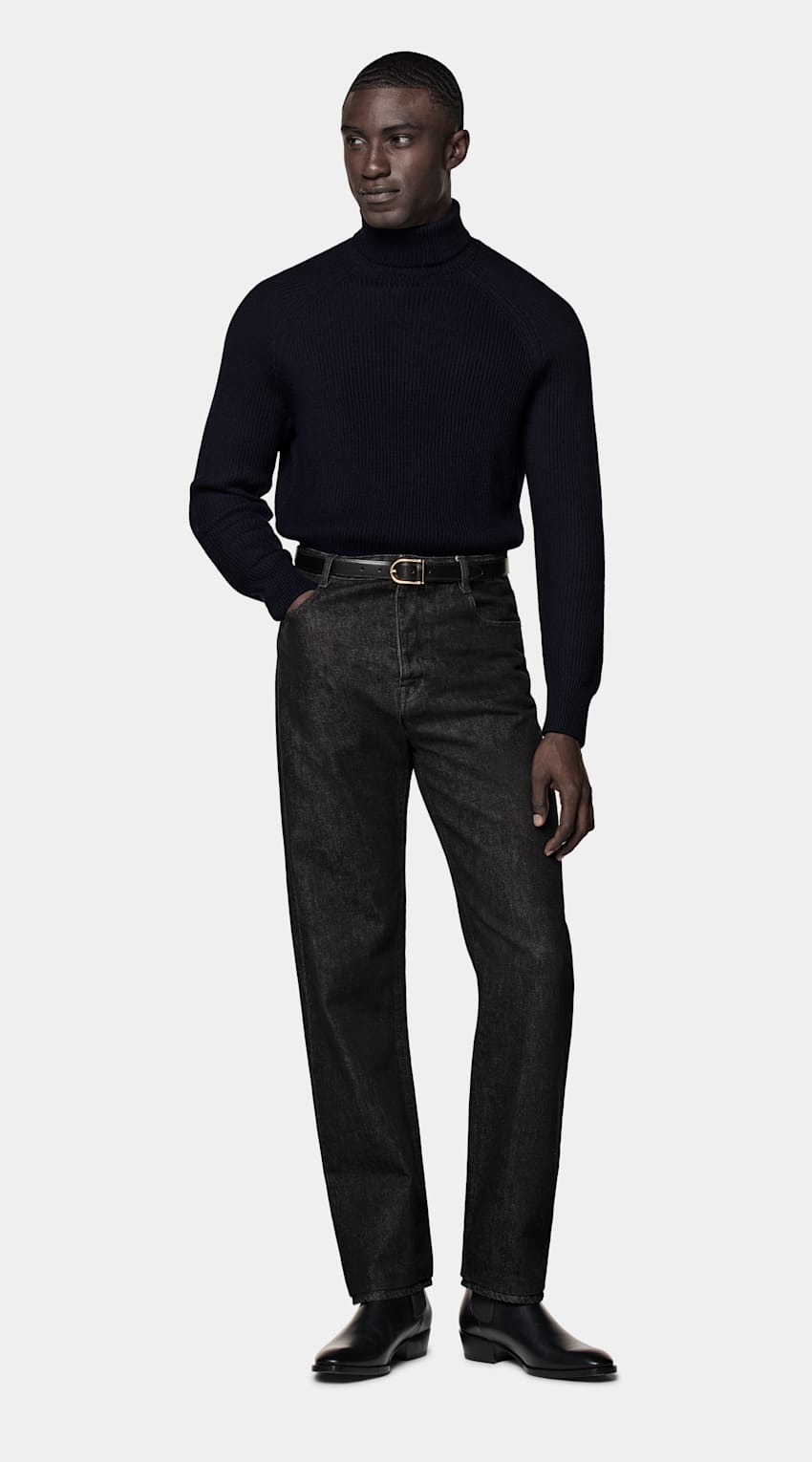 SUITSUPPLY Pure Schurwolle Merino Rollkragenpullover navy Rippstrick