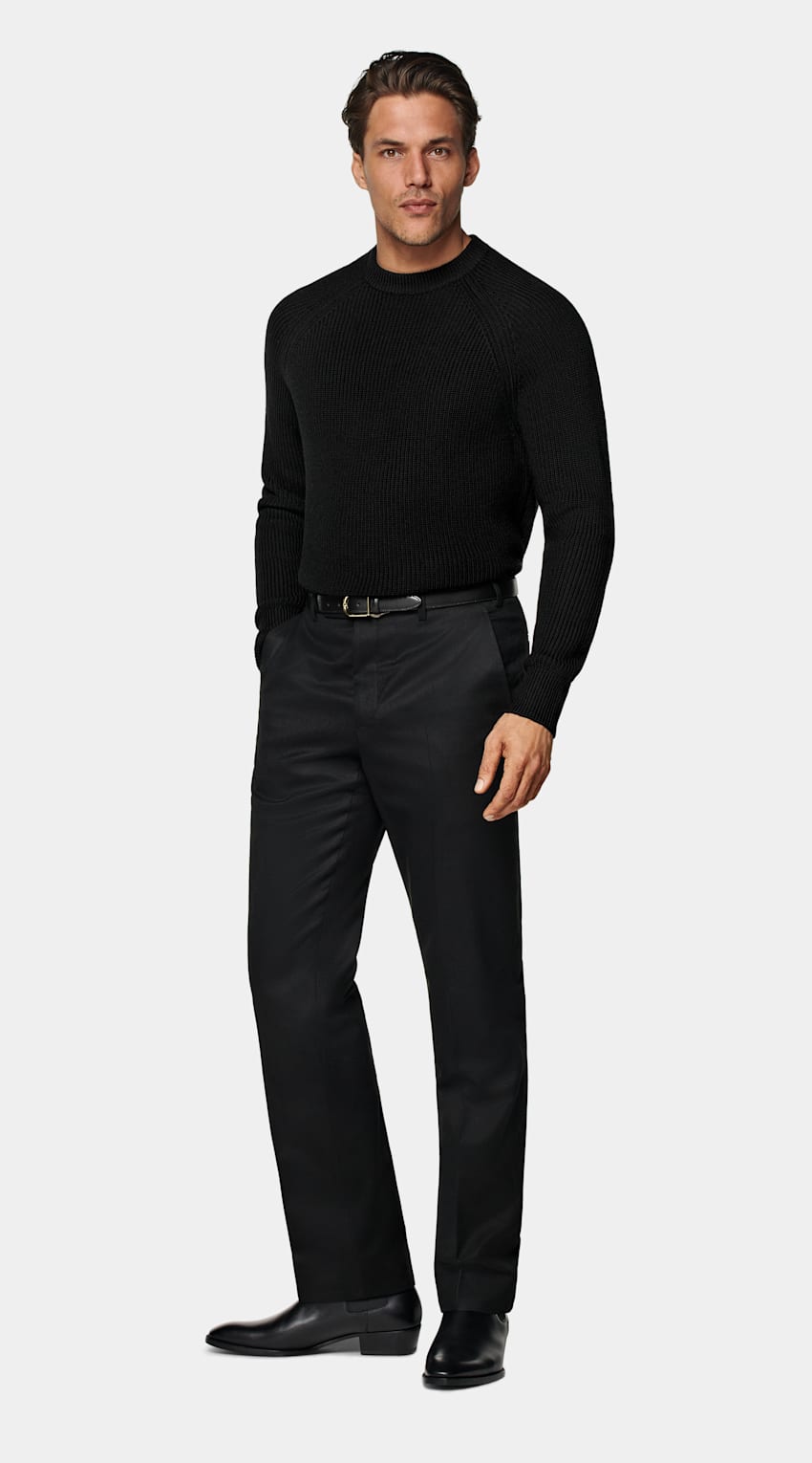 SUITSUPPLY Czysta wełna Sweter crewneck prążkowany merino czarny