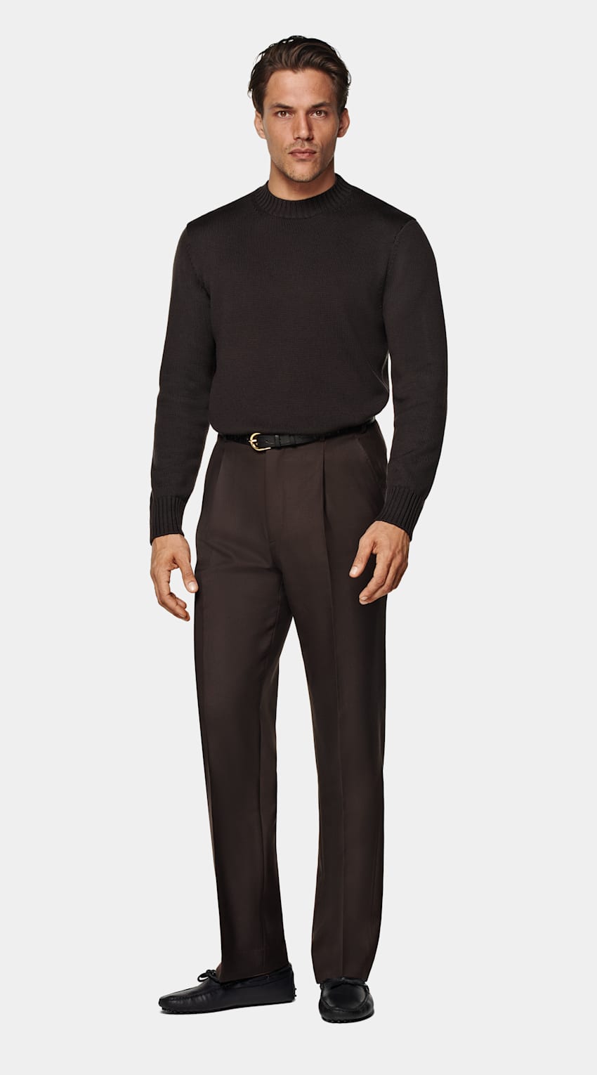 SUITSUPPLY Czysta wełna Sweter crewneck merino ciemnobrązowy