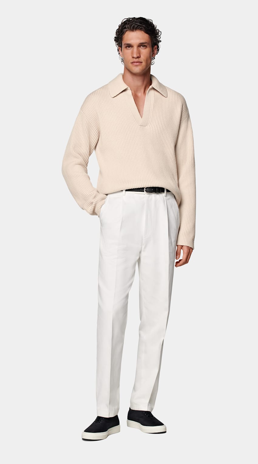 SUITSUPPLY Lana e cashmere Polo color sabbia a maniche lunghe senza bottoni a coste