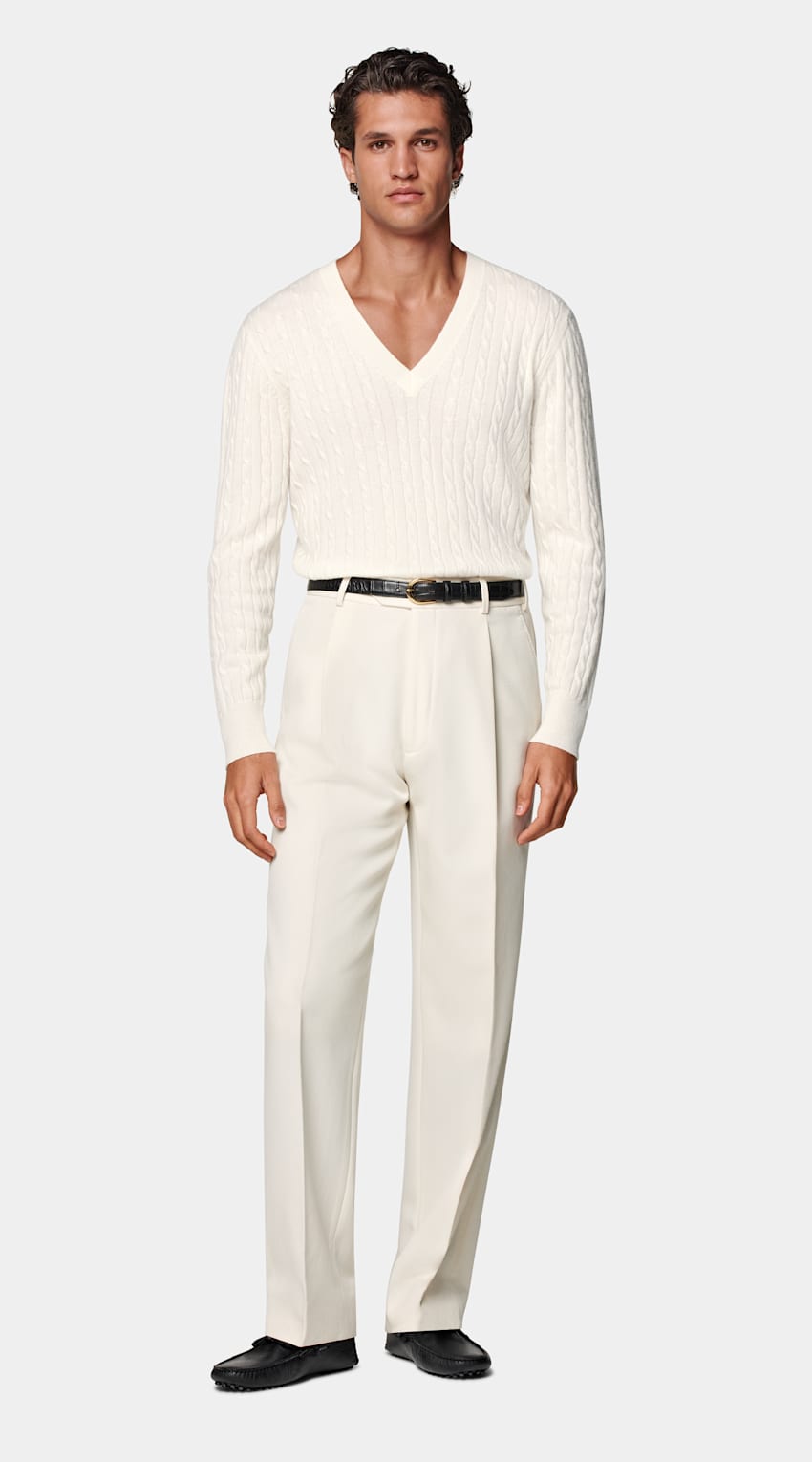 【THE MOZZ】[Premium] Whole Garment Cashmere V-Neck S/S OP Off-White Cable V-Neck in Pure Mongolian Cashmere