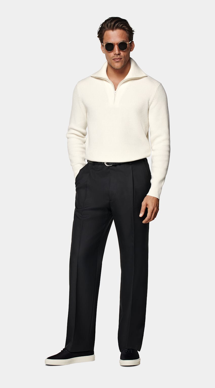 SUITSUPPLY Schurwolle und Cashmere Off-White Rippstrick halber Reißverschluss