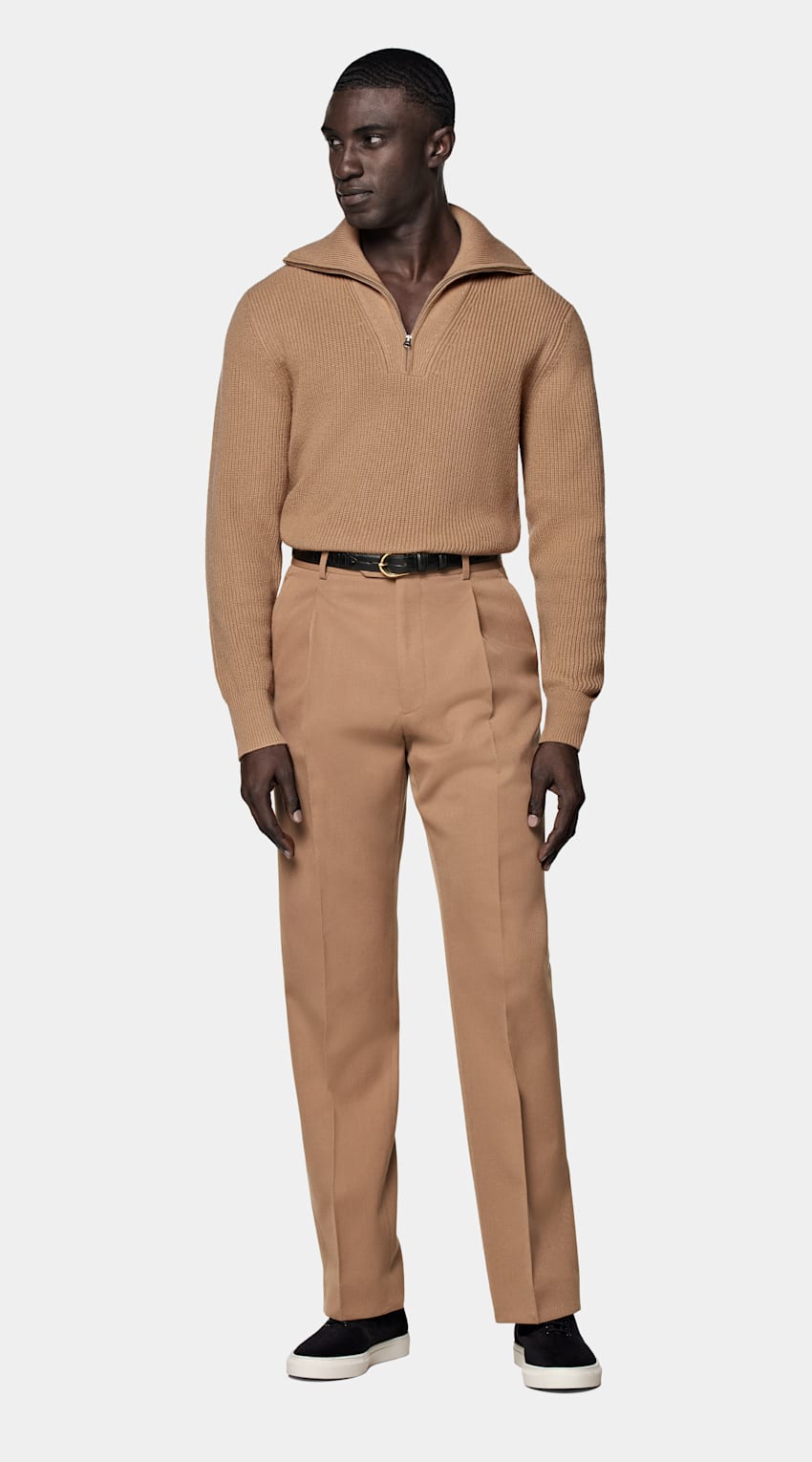 SUITSUPPLY Lana e cashmere Maglione marrone a coste con mezza zip