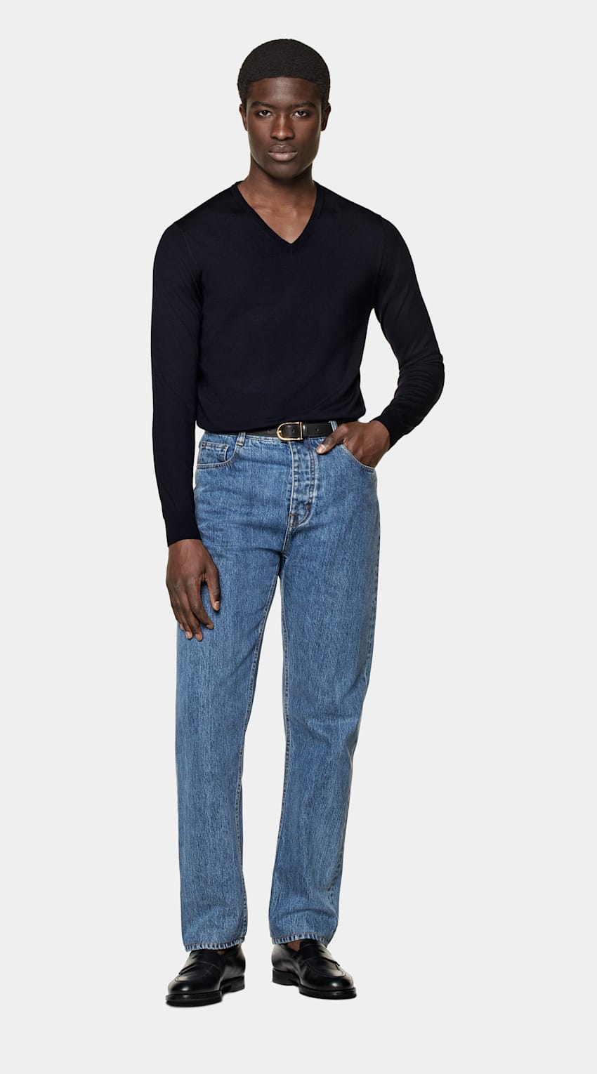 SUITSUPPLY Pura lana Jersey cuello pico azul marino merino