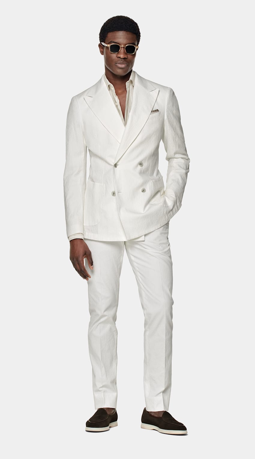 SUITSUPPLY Stretch Cotton Seersucker by Subalpino, Italy Off-White Havana Suit