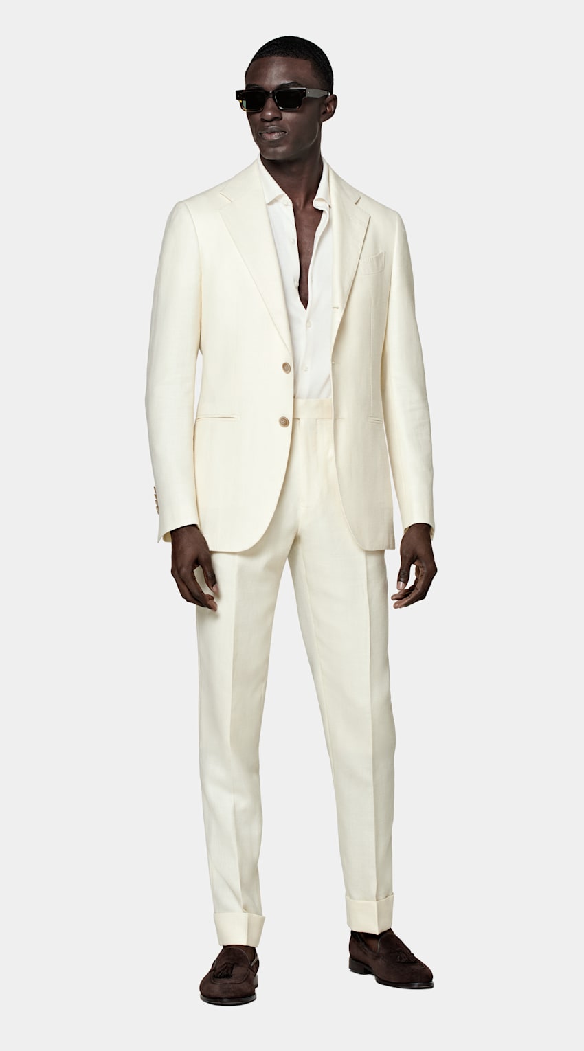 SUITSUPPLY Wool Silk Linen by E.Thomas, Italy Off-White Herringbone Havana Suit