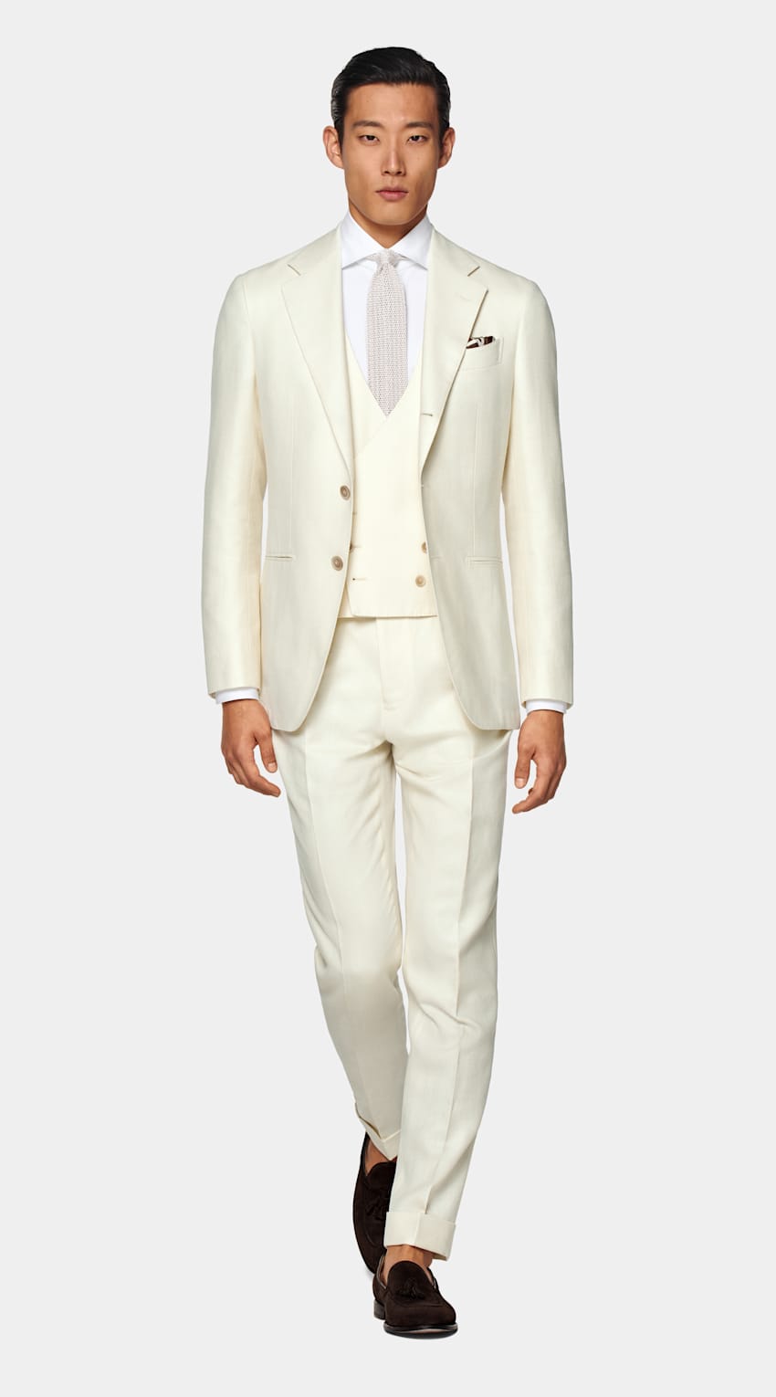 SUITSUPPLY Wool Silk Linen by E.Thomas, Italy Off-White Herringbone Three-Piece Havana Suit