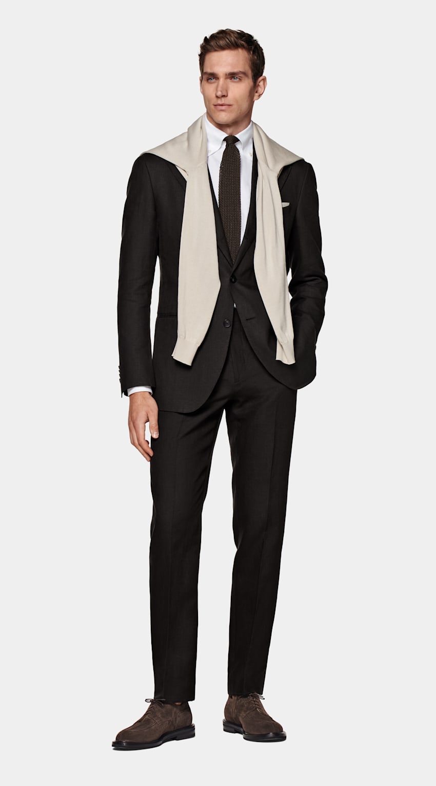 SUITSUPPLY Pure Linen by Di Sondrio, Italy Dark Brown Relaxed Fit Roma Suit