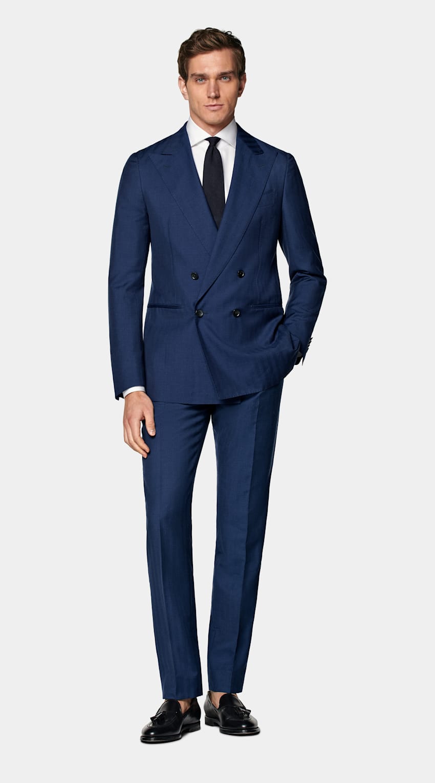 SUITSUPPLY Wool Silk by Rogna, Italy Mid Blue Herringbone Perennial Tailored Fit Havana Suit