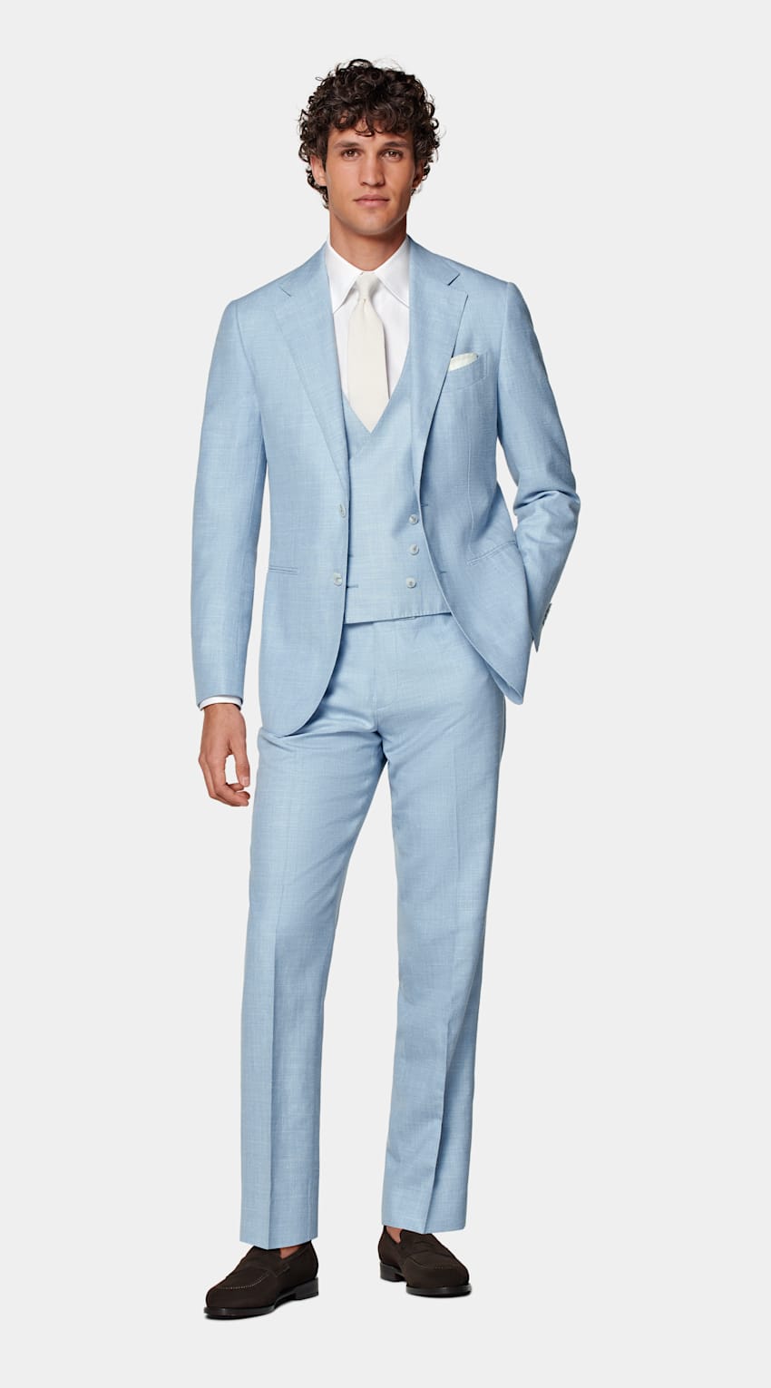 SUITSUPPLY Summer Wool Silk Linen by E.Thomas, Italy Light Blue Three-Piece Tailored Fit Havana Suit