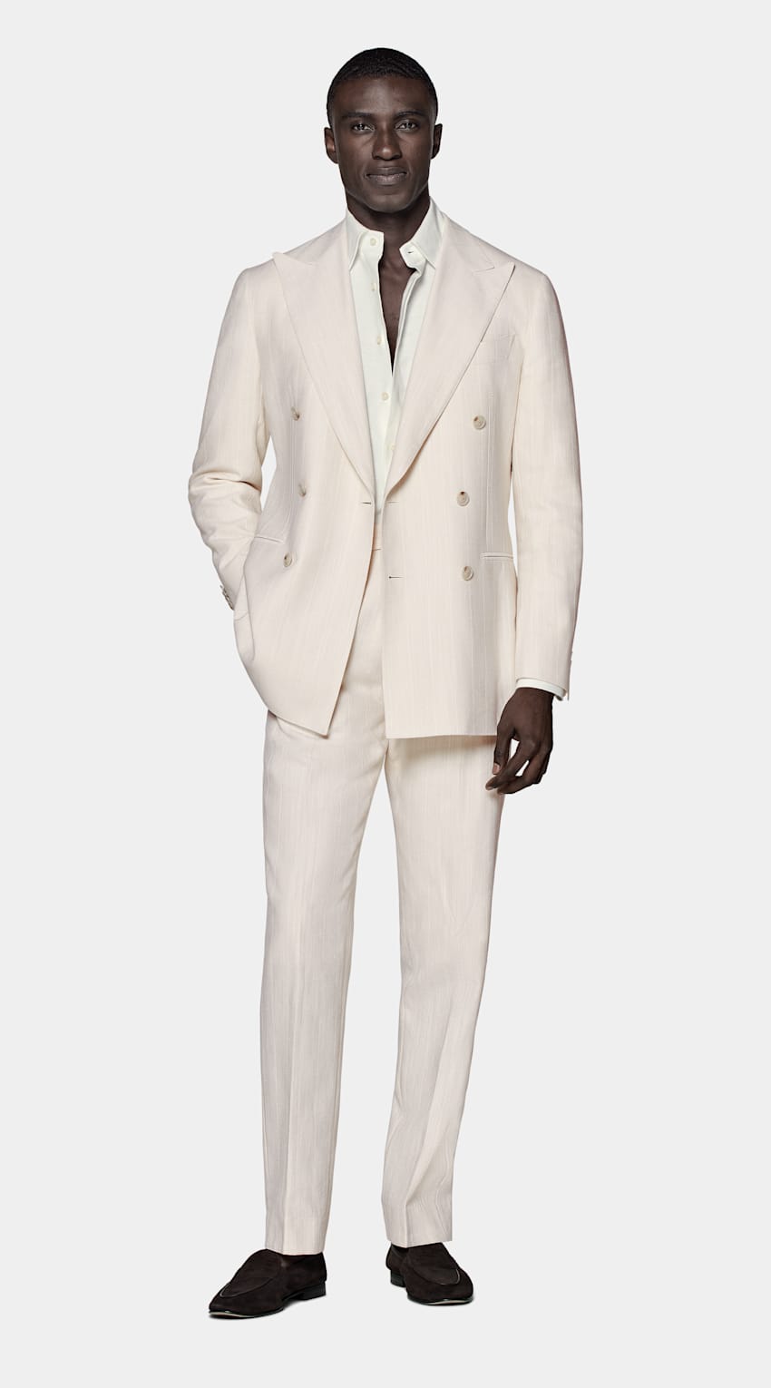 SUITSUPPLY Silk Linen Cotton Polyamide by Ferla, Italy Off-White Striped Tailored Fit Havana Suit