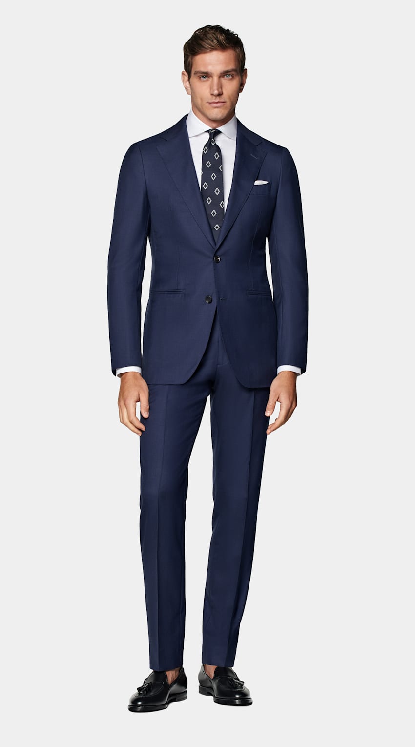 SUITSUPPLY All Season Pure S150's Wool by Vitale Barberis Canonico, Italy Navy Checked Tailored Fit Havana Suit