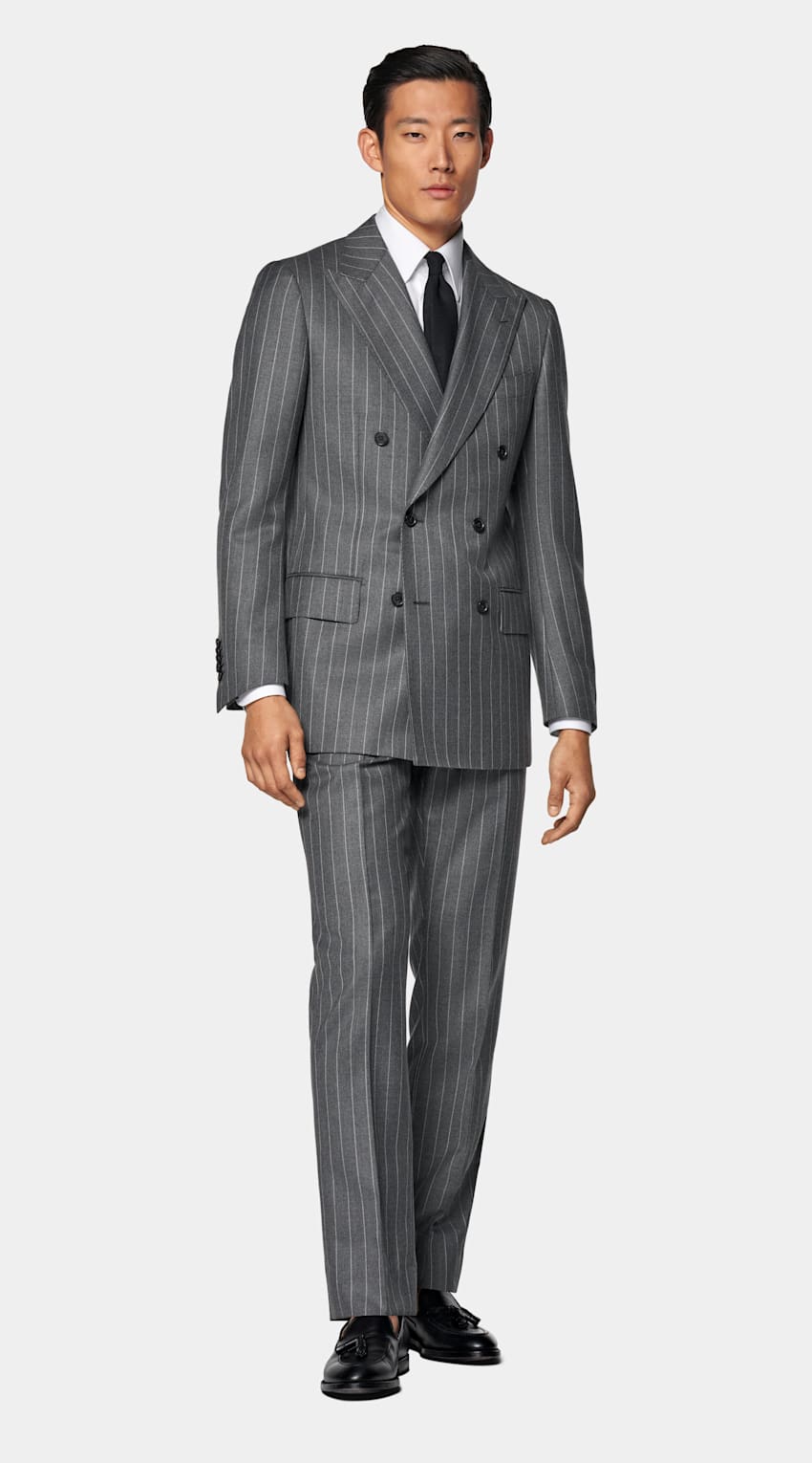 SUITSUPPLY All Season Pure Wool by Vitale Barberis Canonico, Italy Mid Grey Striped Tailored Fit Milano Suit