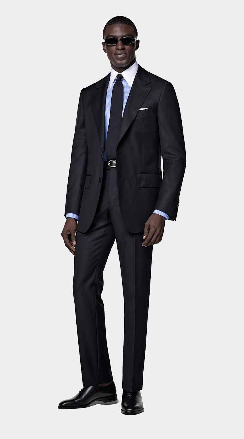 SUITSUPPLY All Season Pure S130's Wool by E.Thomas, Italy Navy Striped Tailored Fit Milano Suit