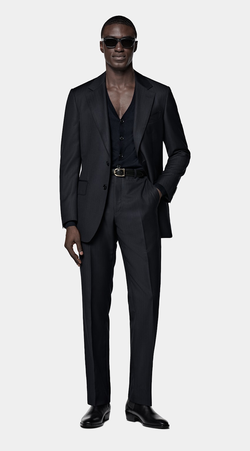 SUITSUPPLY All Season Pure S130's Wool by E.Thomas, Italy Navy Striped Tailored Fit Milano Suit