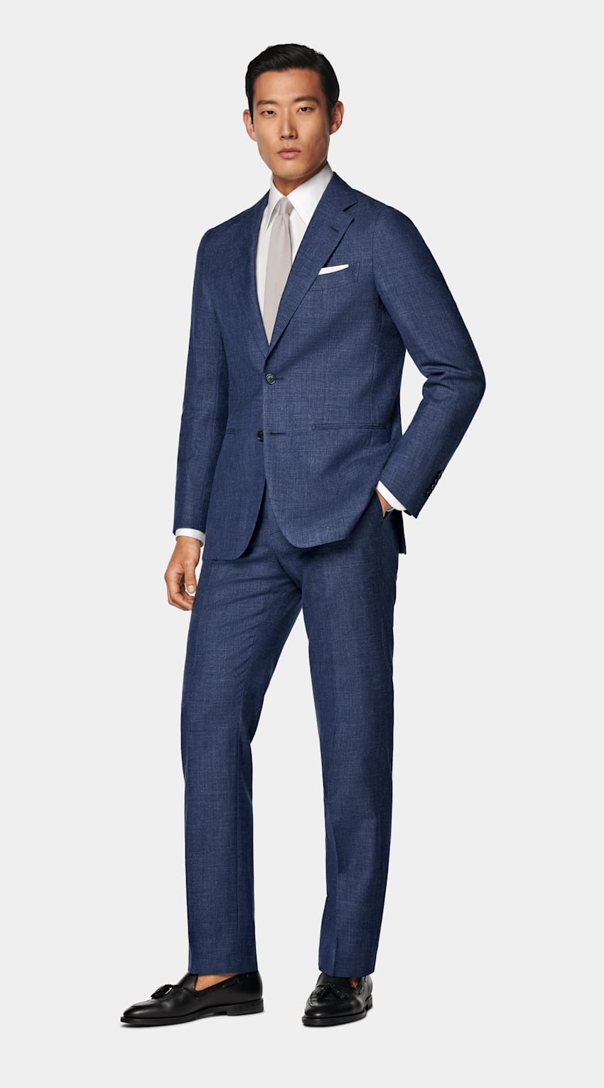 SUITSUPPLY Summer Wool Silk Linen by E.Thomas, Italy Mid Blue Tailored Fit Havana Suit