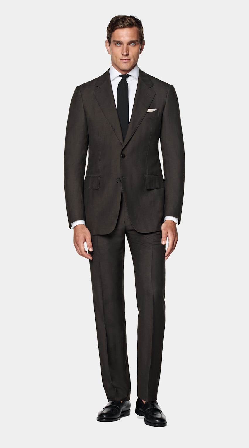 SUITSUPPLY Summer Wool Silk Linen by Rogna, Italy Dark Brown Herringbone Tailored Fit Milano Suit