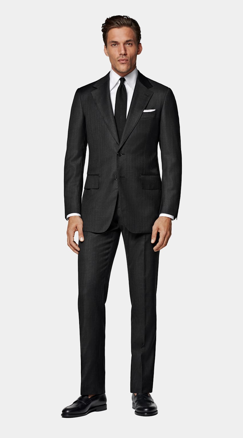 SUITSUPPLY All Season Pure S130's Wool by Carlo Barbera, Italy Dark Grey Striped Tailored Fit Milano Suit