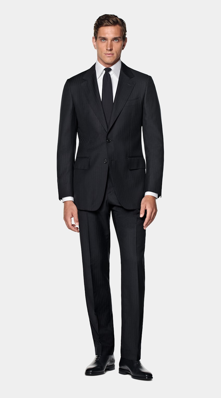 SUITSUPPLY All Season Pure S130's Wool by Drago, Italy Navy Striped Tailored Fit Milano Suit