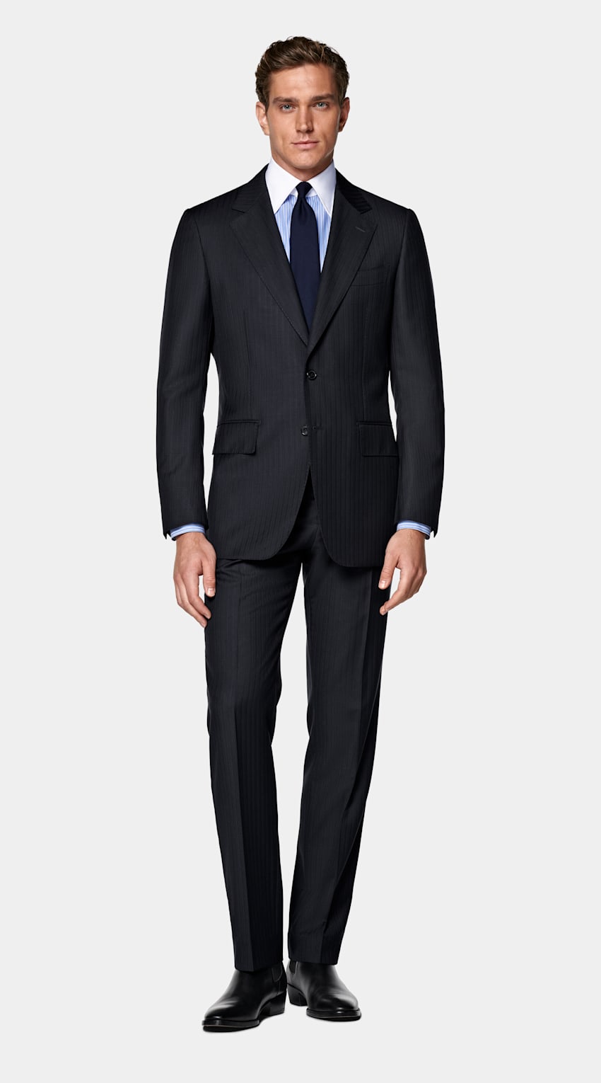 SUITSUPPLY All Season Pure S130's Wool by Drago, Italy Navy Striped Tailored Fit Milano Suit
