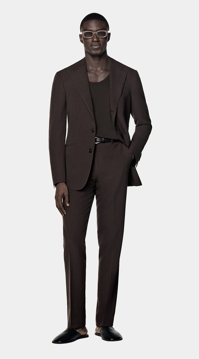 SUITSUPPLY Summer Pure Wool Seersucker by Delfino, Italy Dark Brown Relaxed Fit Roma Suit