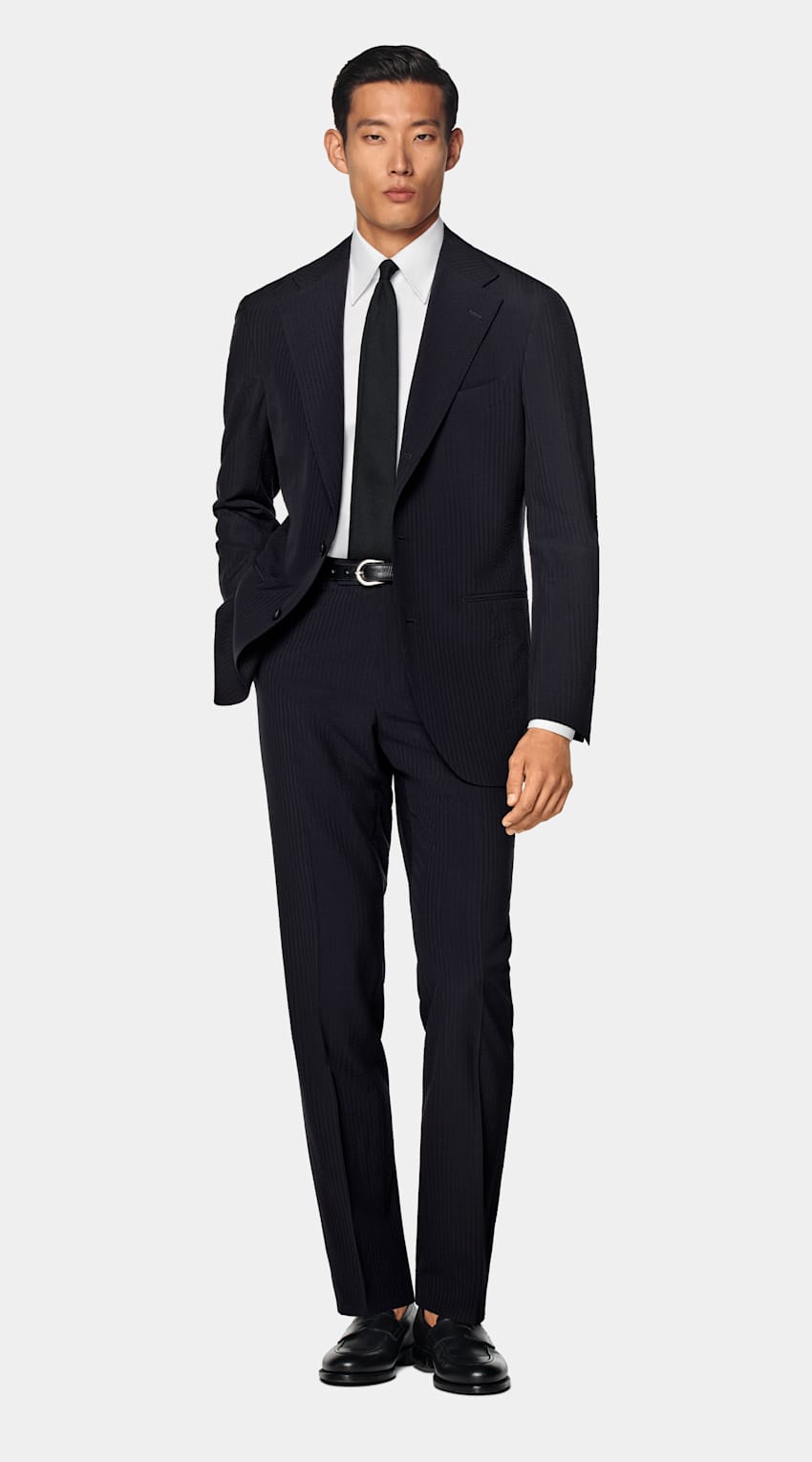 SUITSUPPLY Summer Pure Wool Seersucker by Delfino, Italy Navy Relaxed Fit Roma Suit