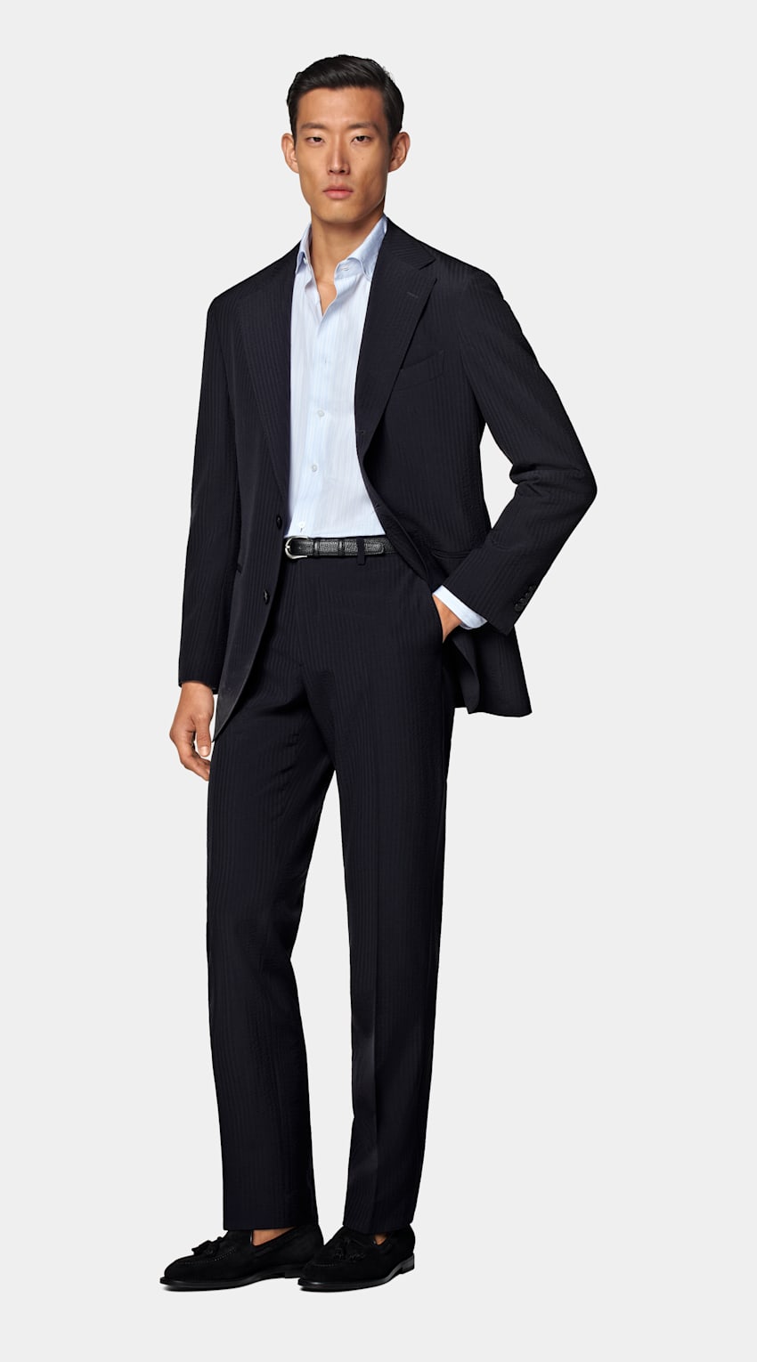SUITSUPPLY Summer Pure Wool Seersucker by Delfino, Italy Navy Relaxed Fit Roma Suit