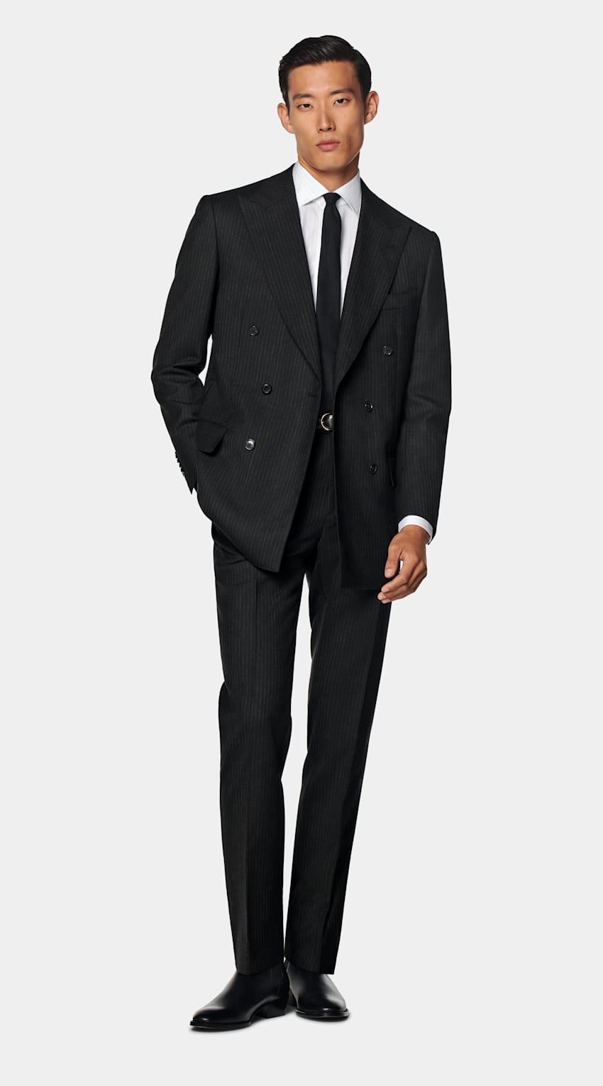 SUITSUPPLY All Season Pure Wool by Marling & Evans, United Kingdom Black Striped Tailored Fit Milano Suit