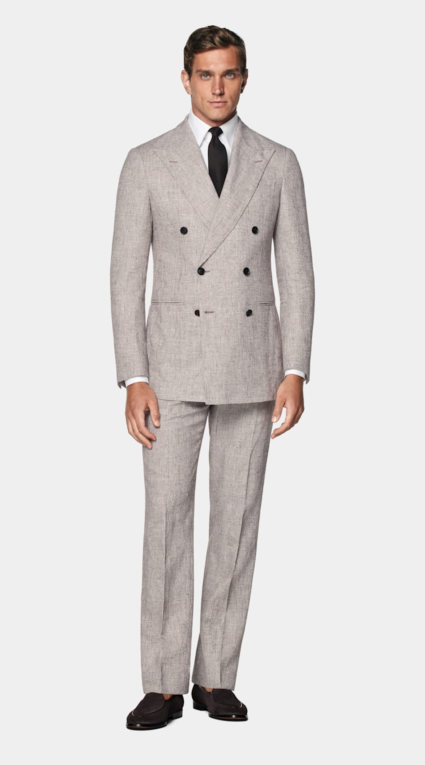 SUITSUPPLY Summer Linen Polyamide by Ferla, Italy Light Taupe Checked Tailored Fit Havana Suit