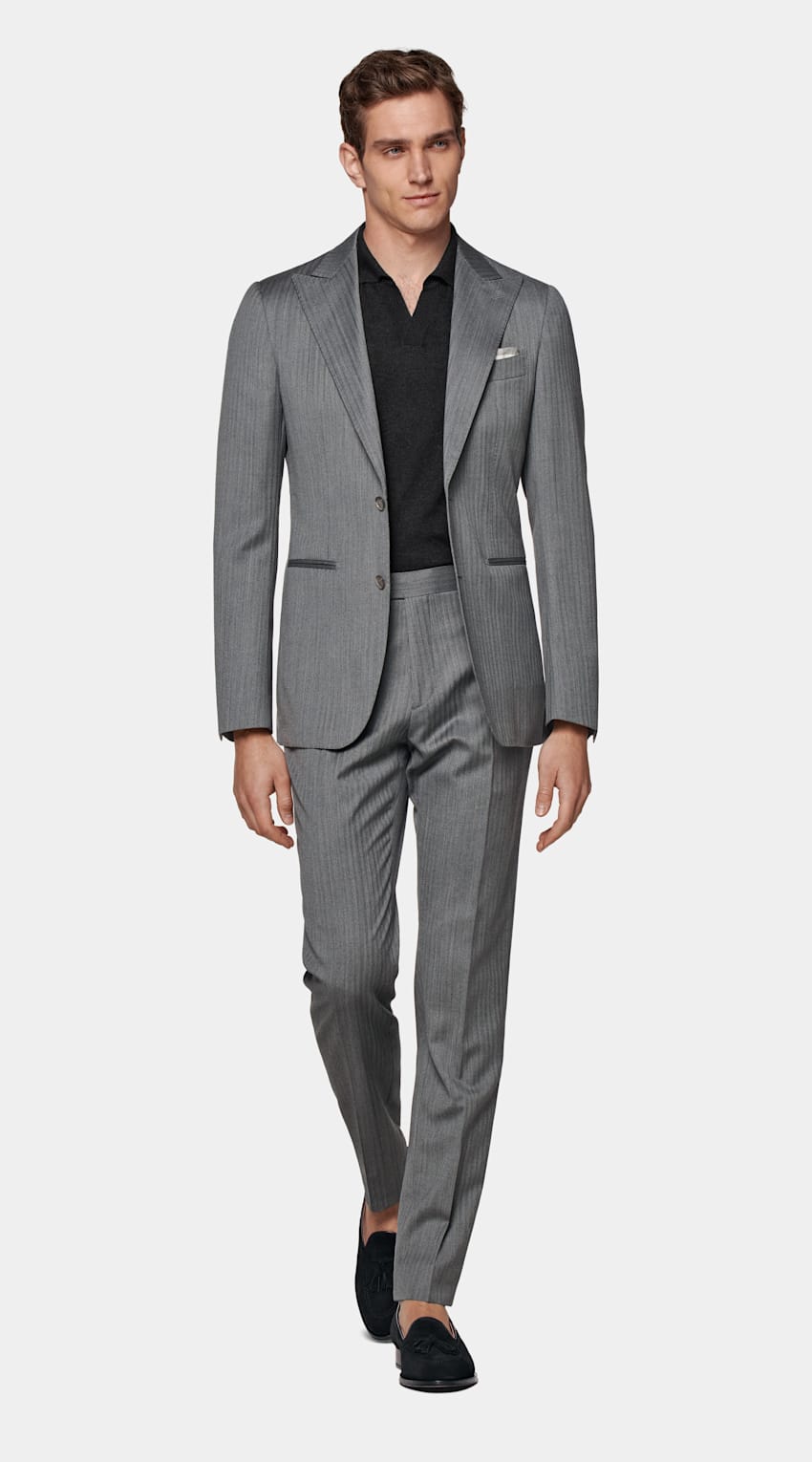 SUITSUPPLY Pure S110's Wool by Vitale Barberis Canonico, Italy Mid Grey Herringbone Havana Suit