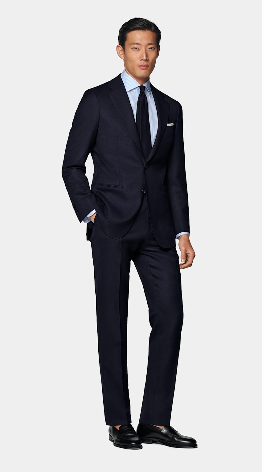 SUITSUPPLY All Season Stretch Wool by Reda, Italy Navy Perennial Tailored Fit Havana Suit
