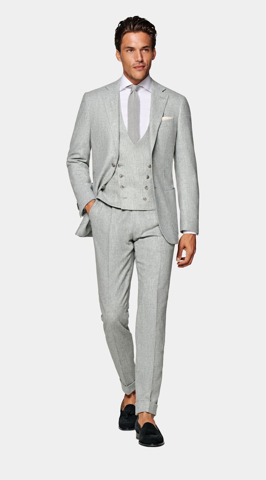 SUITSUPPLY Circular Wool Flannel by Vitale Barberis Canonico, Italy Light Grey Three-Piece Tailored Fit Havana Suit
