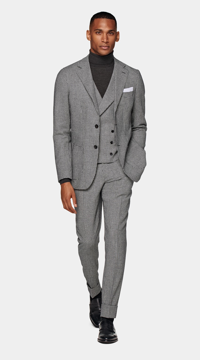 SUITSUPPLY Wool Cashmere by E.Thomas, Italy Black Houndstooth Three-Piece Havana Suit