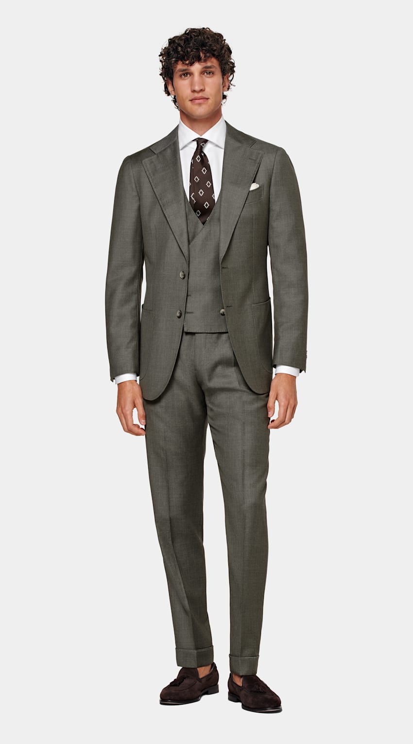 SUITSUPPLY Pure S110's Wool by Vitale Barberis Canonico, Italy Dark Green Three-Piece Tailored Fit Havana Suit