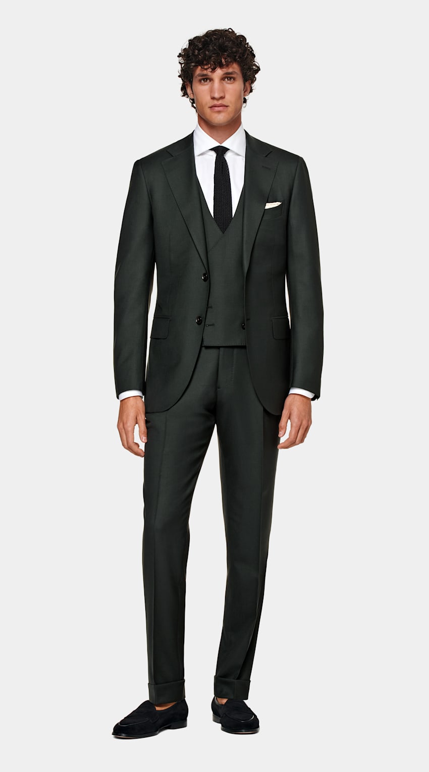 SUITSUPPLY Pure S150's Wool by Vitale Barberis Canonico, Italy Dark Green Three-Piece Tailored Fit Lazio Suit