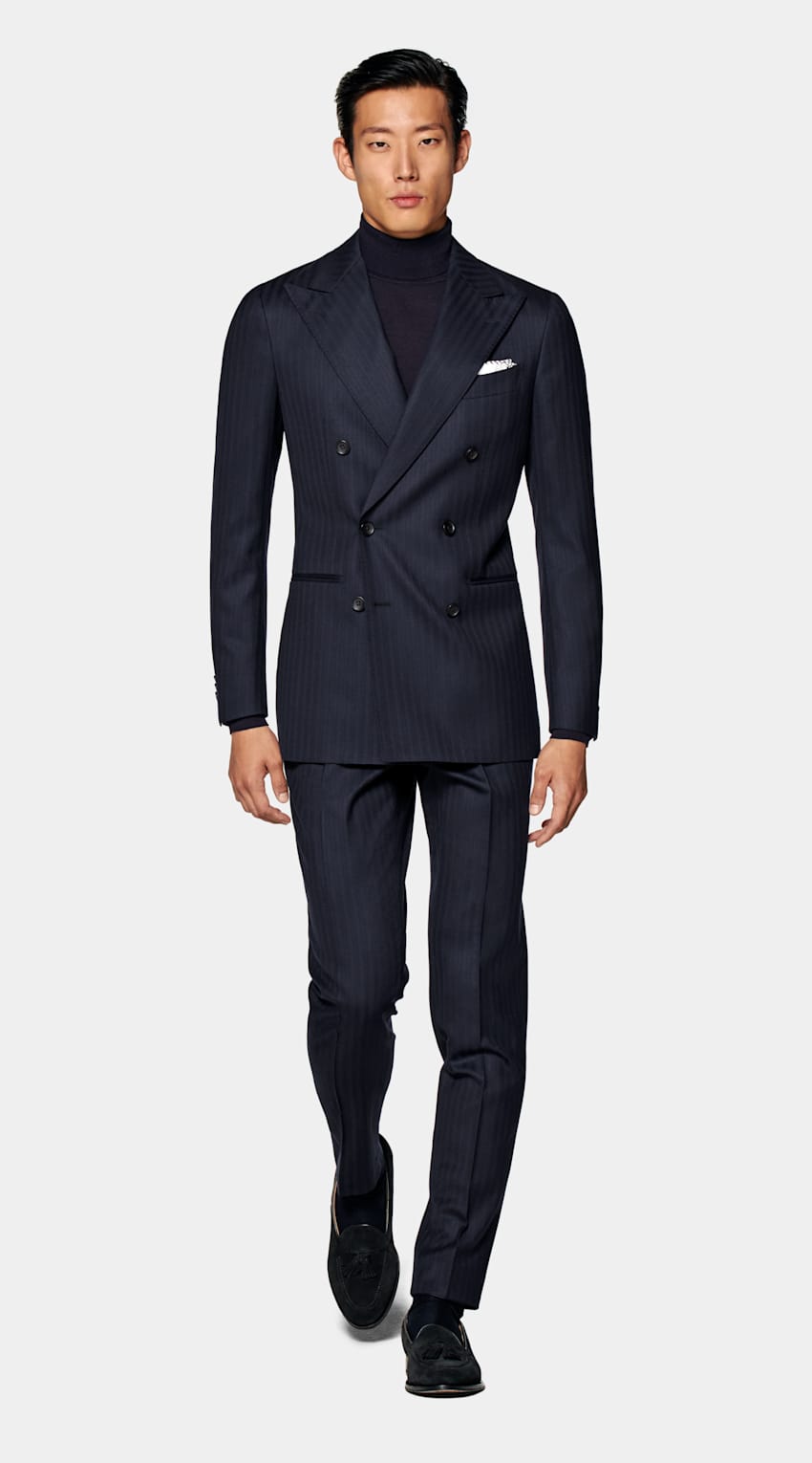 Navy Herringbone Havana Suit Pure Wool S120's Double Breasted