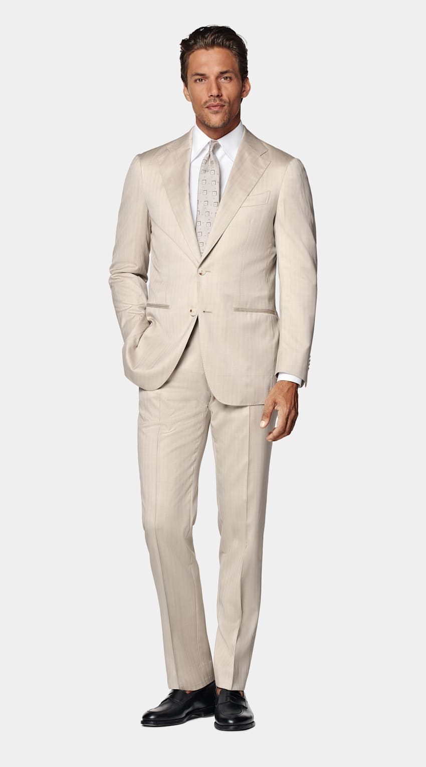 SUITSUPPLY All Season Wool Silk by Delfino, Italy Sand Herringbone Tailored Fit Havana Suit