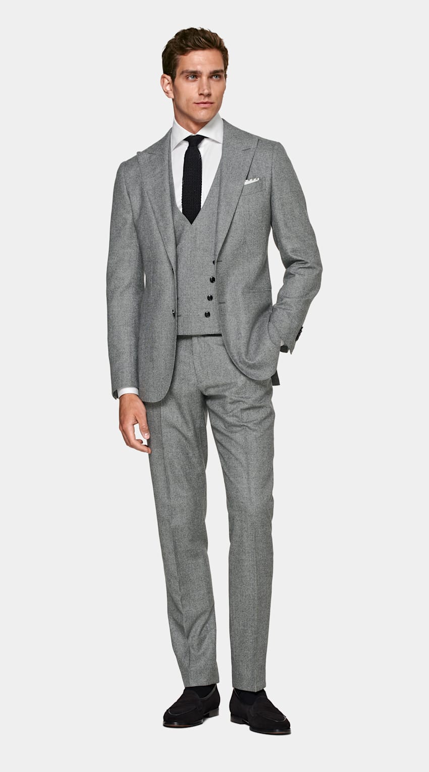 SUITSUPPLY Pure S120's Wool by Vitale Barberis Canonico, Italy Mid Grey Houndstooth Three-Piece Havana Suit