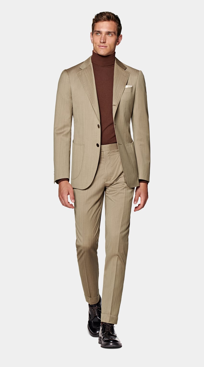 SUITSUPPLY Pure S130's Wool Solaro by Delfino, Italy Mid Brown Herringbone Havana Suit