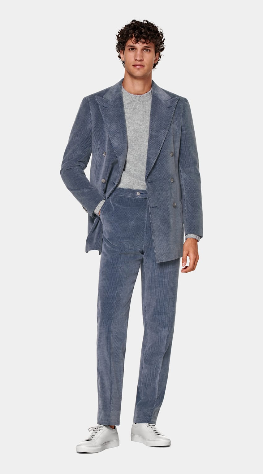 SUITSUPPLY Cotton Cashmere Corduroy by Lanificio Ermenegildo Zegna, Italy Mid Blue Havana Suit