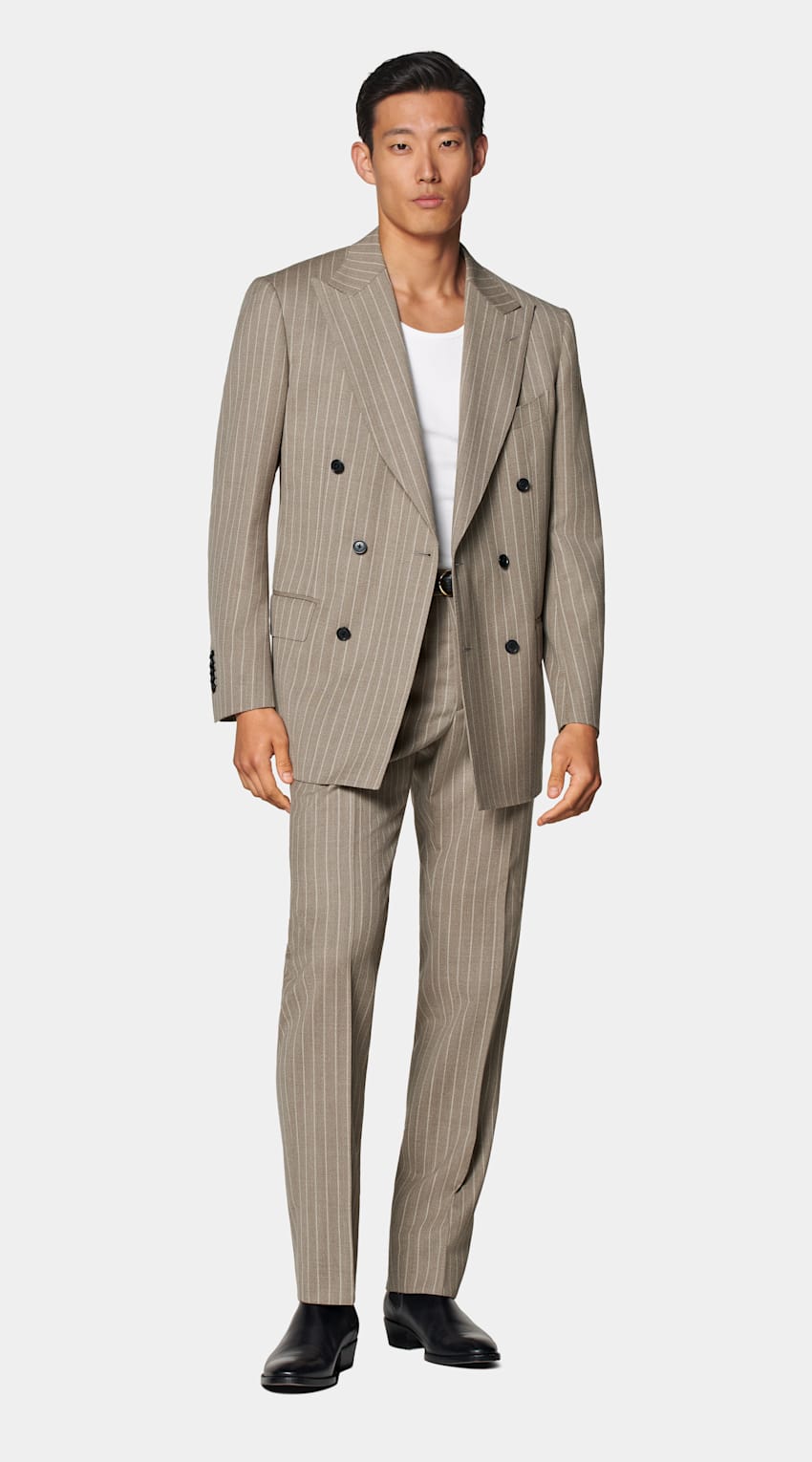 SUITSUPPLY Winter Pure Wool by Angelico, Italy Sand Striped Tailored Fit Milano Suit