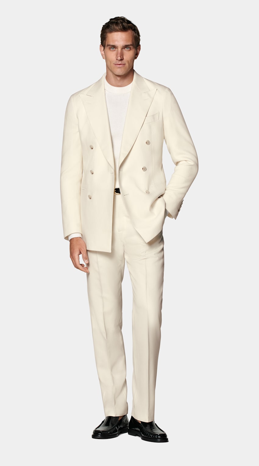 SUITSUPPLY Winter Pure Wool by Rogna, Italy Off-White Herringbone Tailored Fit Havana Suit