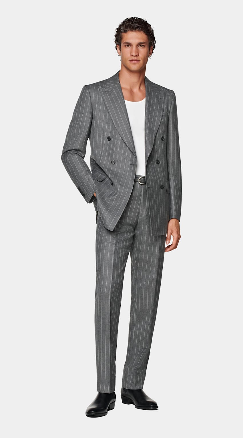 SUITSUPPLY All Season Pure Wool by Vitale Barberis Canonico, Italy Mid Grey Striped Tailored Fit Milano Suit