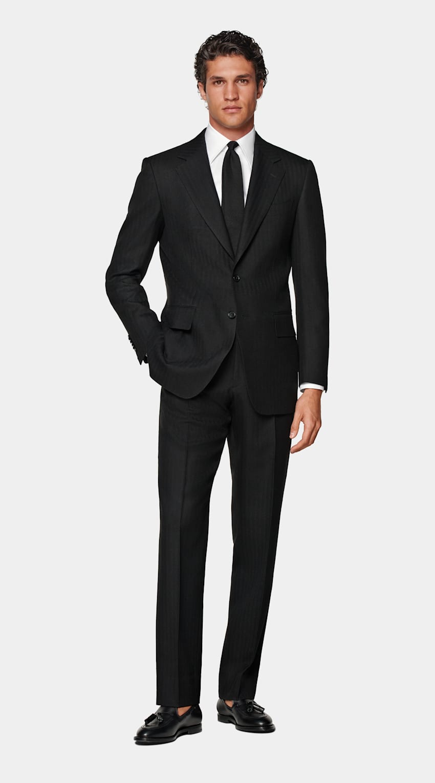 SUITSUPPLY Winter Pure Wool by Dugdale, United Kingdom Black Herringbone Tailored Fit Milano Suit