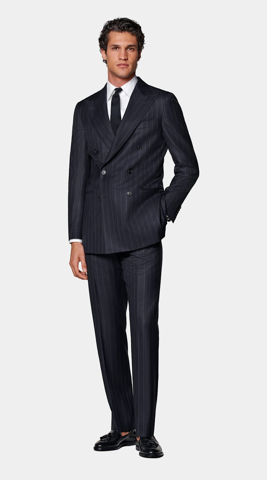 SUITSUPPLY All Season Pure S120's Wool by Vitale Barberis Canonico, Italy Navy Striped Tailored Fit Havana Suit